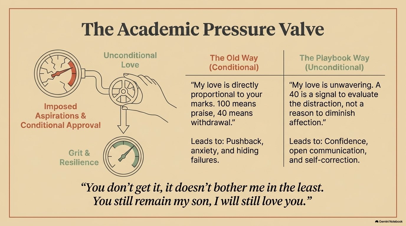 The Academic Pressure Valve: a cracked pressure gauge labelled imposed aspirations and conditional approval releasing into a healthy gauge labelled grit and resilience, beside a two-column comparison of conditional and unconditional parental love