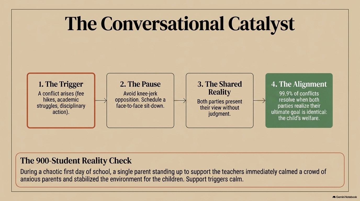 The Conversational Catalyst: a four-step flow from The Trigger, to The Pause, to The Shared Reality, to The Alignment, where she estimates 99.9 percent of conflicts resolve once both parties see their goal is identical, the child’s welfare