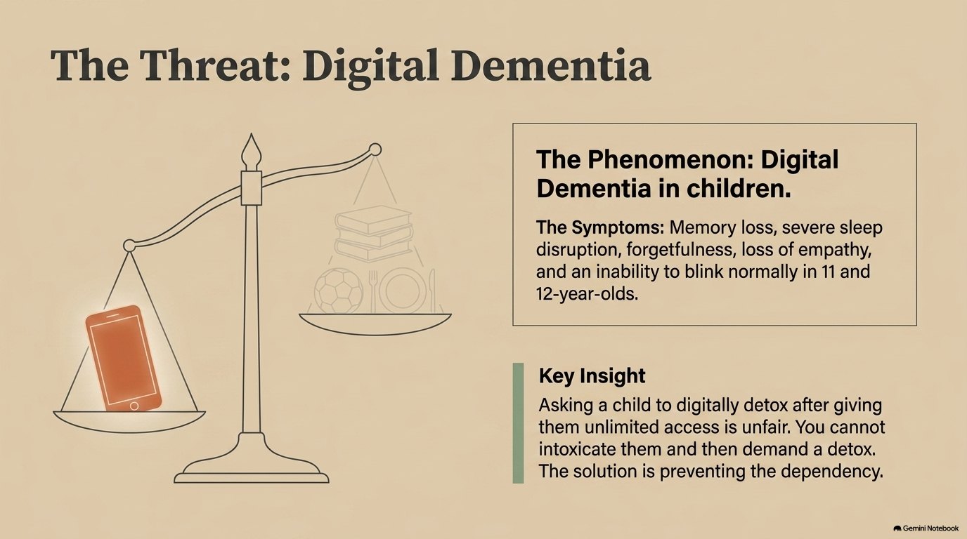 The Threat, Digital Dementia: a set of scales tipped by a glowing phone against books, a football and a family meal, beside a panel listing symptoms including memory loss, sleep disruption, forgetfulness and loss of empathy