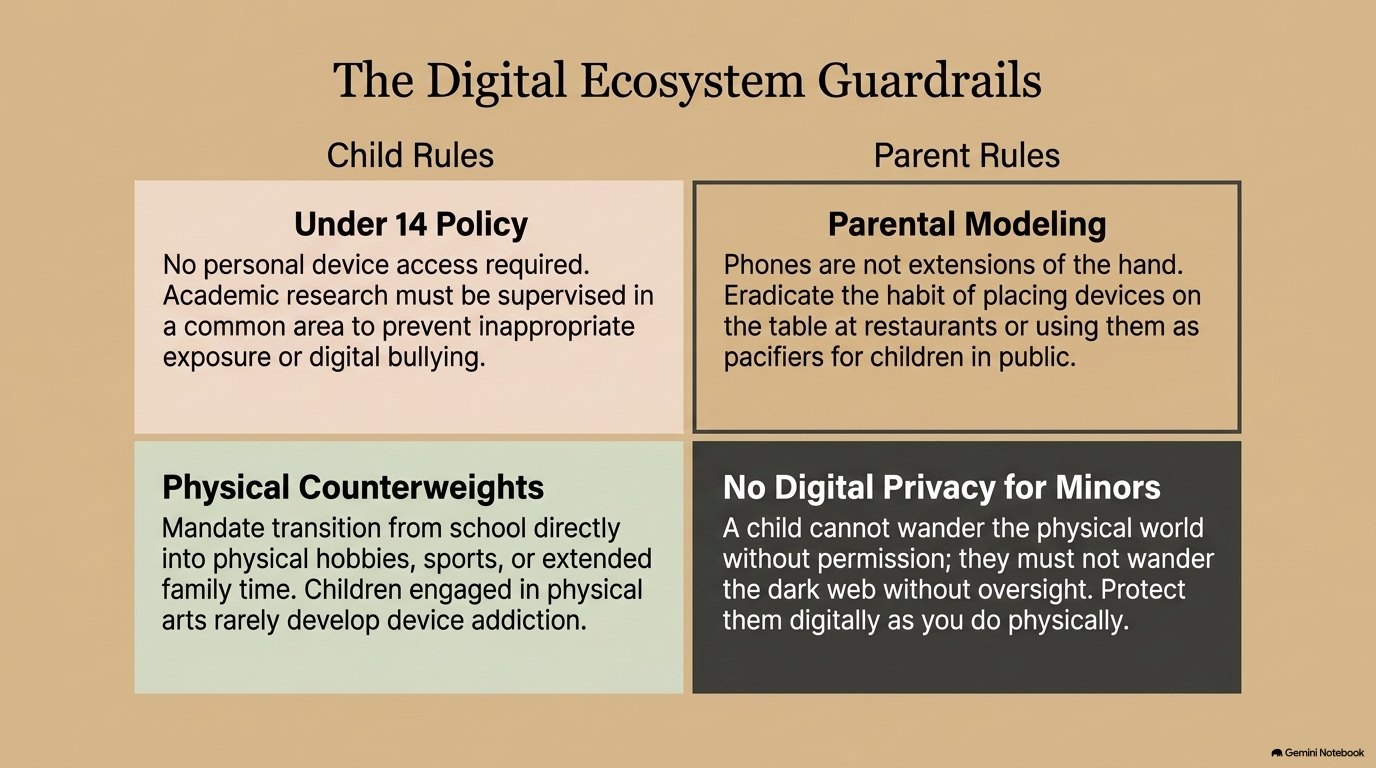 The Digital Ecosystem Guardrails: a four-quadrant grid of child rules and parent rules covering the under-14 device policy, physical counterweights, parental modelling, and no digital privacy for minors