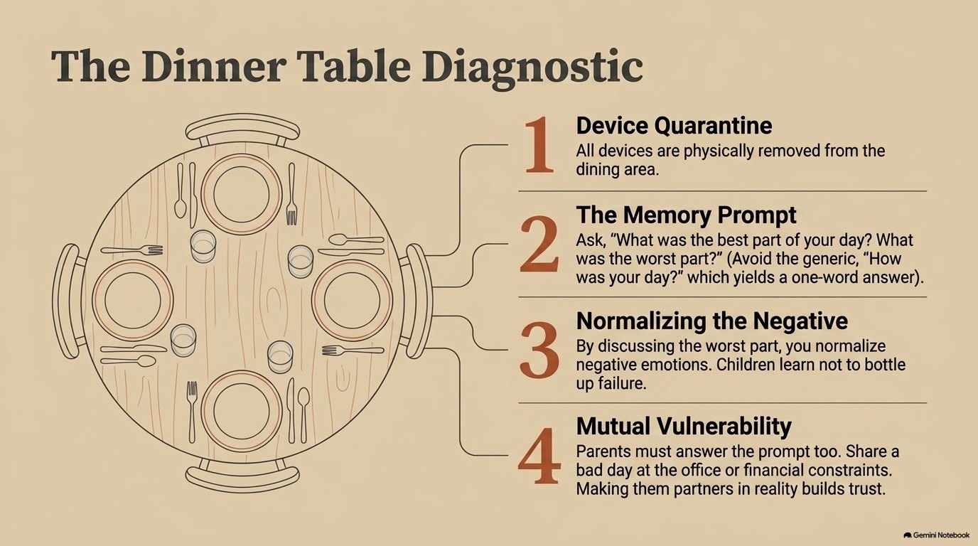 The Dinner Table Diagnostic: an overhead illustration of a set dining table linked to four numbered steps, device quarantine, the memory prompt, normalising the negative, and mutual vulnerability