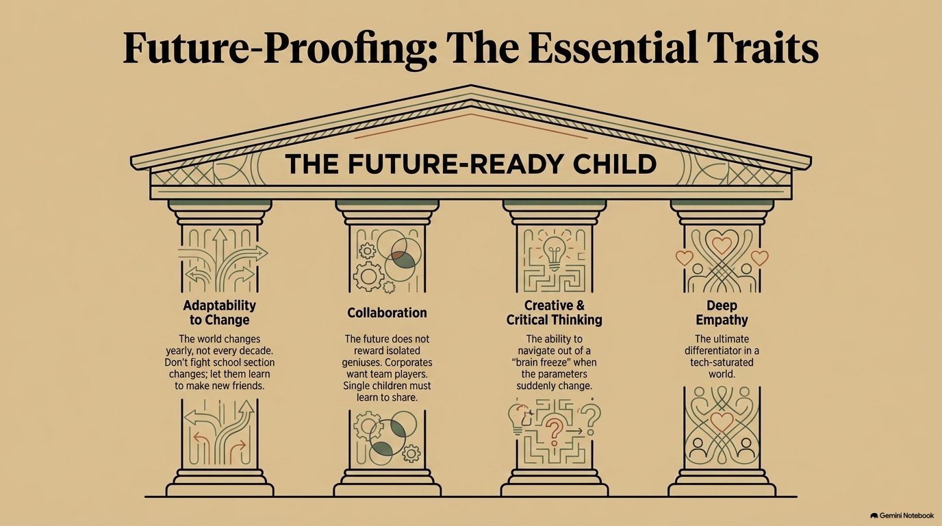 Future-Proofing, The Essential Traits: a classical temple whose pediment reads The Future-Ready Child, resting on four columns labelled adaptability to change, collaboration, creative and critical thinking, and deep empathy