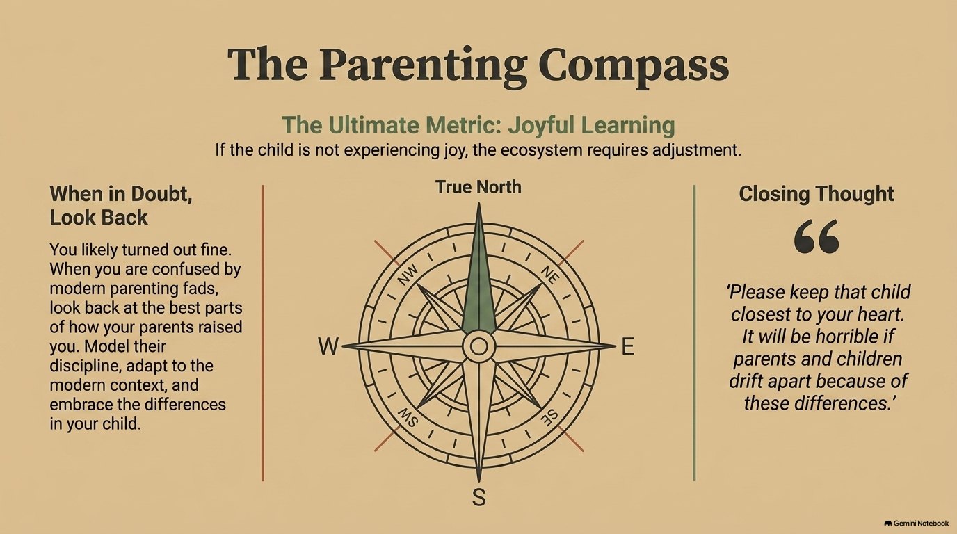 The Parenting Compass: a compass rose pointing to a true north labelled joyful learning, flanked by a panel on looking back at how your own parents raised you and a closing thought about keeping the child closest to your heart