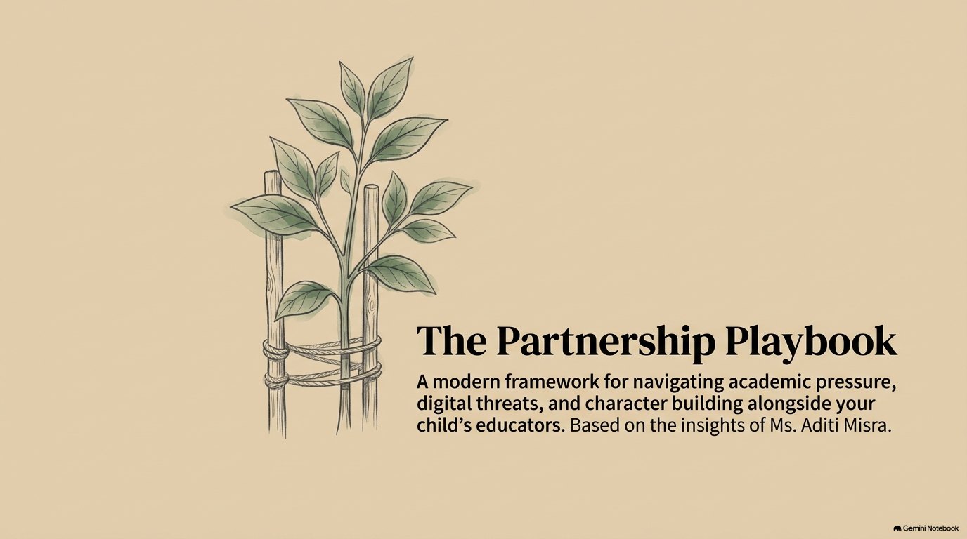 The Partnership Playbook: a young plant growing up a pair of wooden stakes tied with twine, beside the title The Partnership Playbook, a framework for navigating academic pressure, digital threats and character building alongside your child’s educators