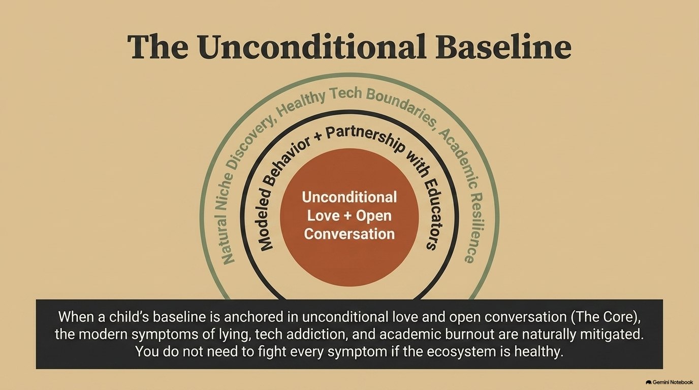The Unconditional Baseline: concentric rings with unconditional love and open conversation at the core, surrounded by modelled behaviour and partnership with educators, and an outer ring of niche discovery, tech boundaries and academic resilience