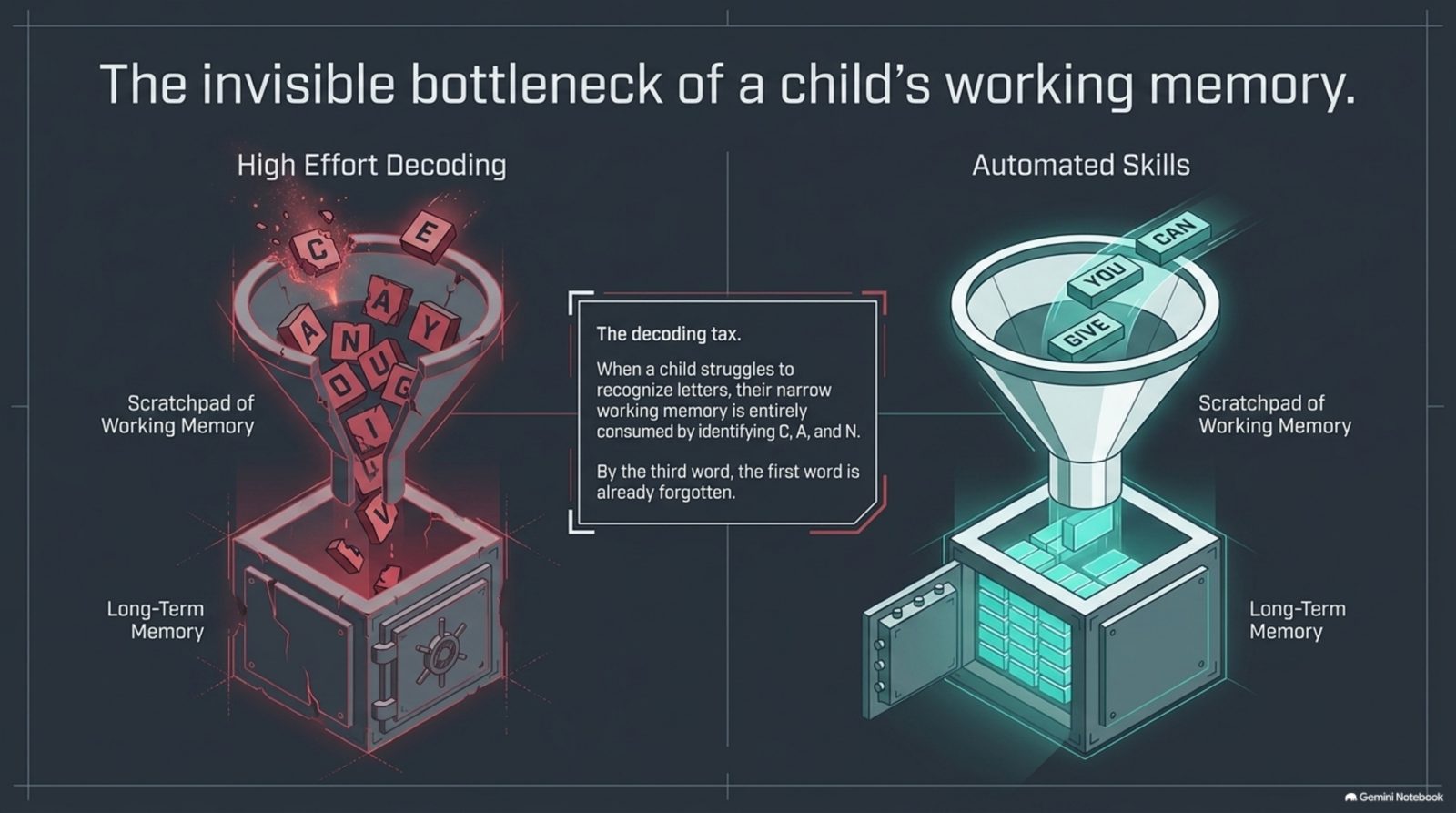 The invisible bottleneck of a child's working memory: high effort decoding versus automated skills