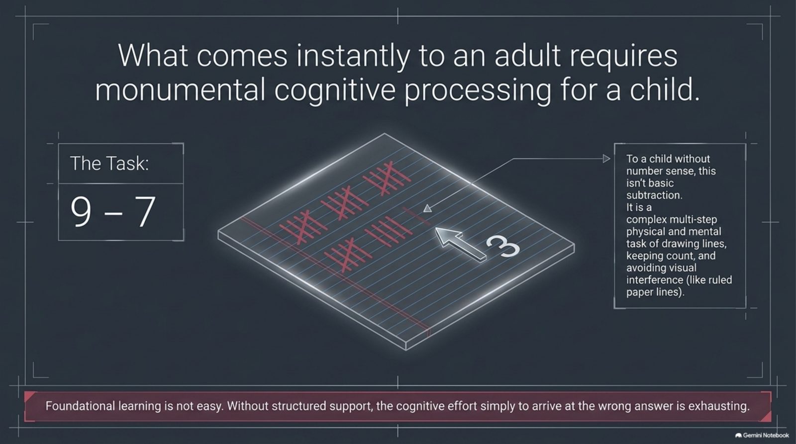 What comes instantly to an adult requires monumental cognitive processing for a child: the 9 minus 7 task