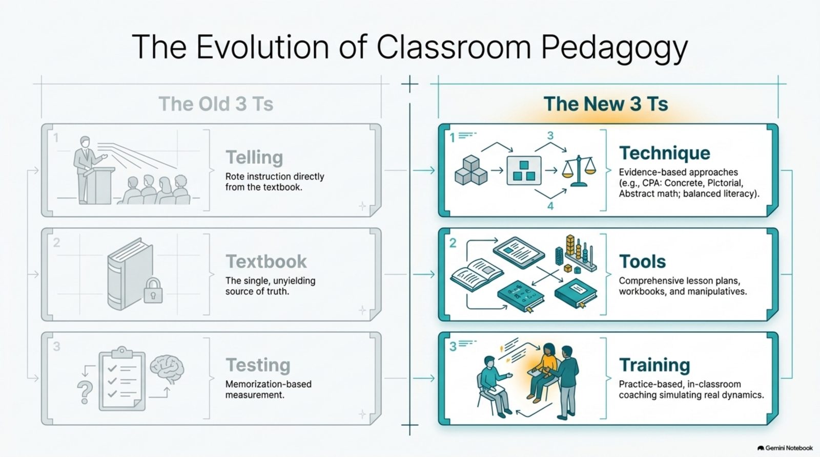 The evolution of classroom pedagogy: the old 3 Ts of telling, textbook and testing versus the new 3 Ts of technique, tools and training