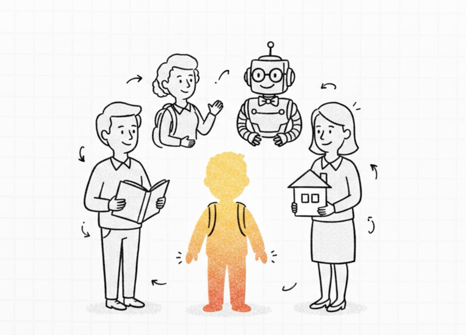 Line illustration of a child at the centre, surrounded by a teacher holding a book, a classmate, a parent holding a house, and a friendly robot representing AI.