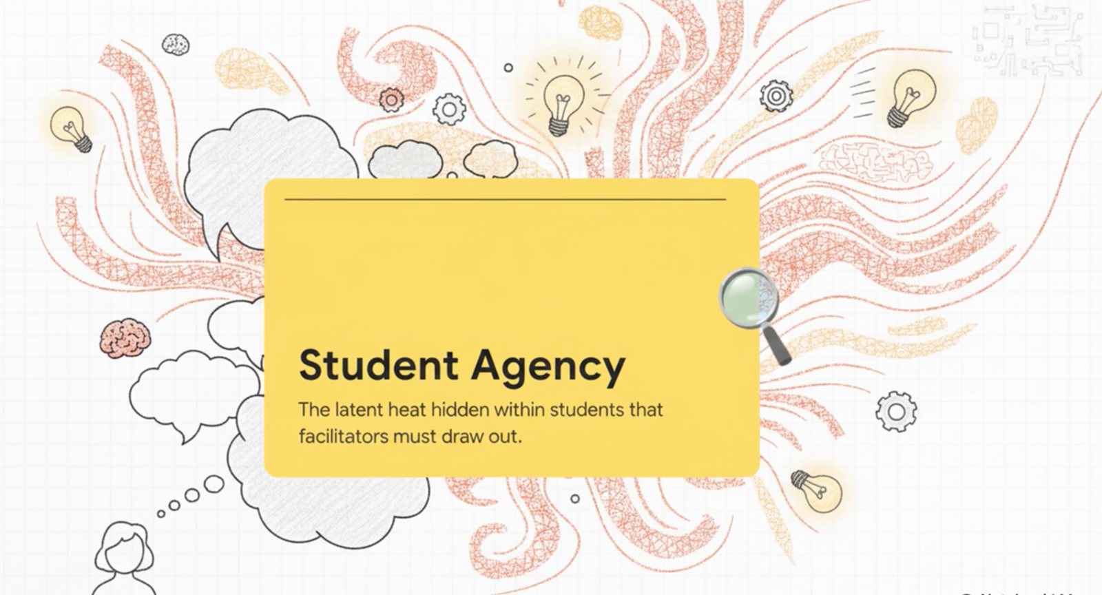 A card reading: Student Agency — the latent heat hidden within students that facilitators must draw out.