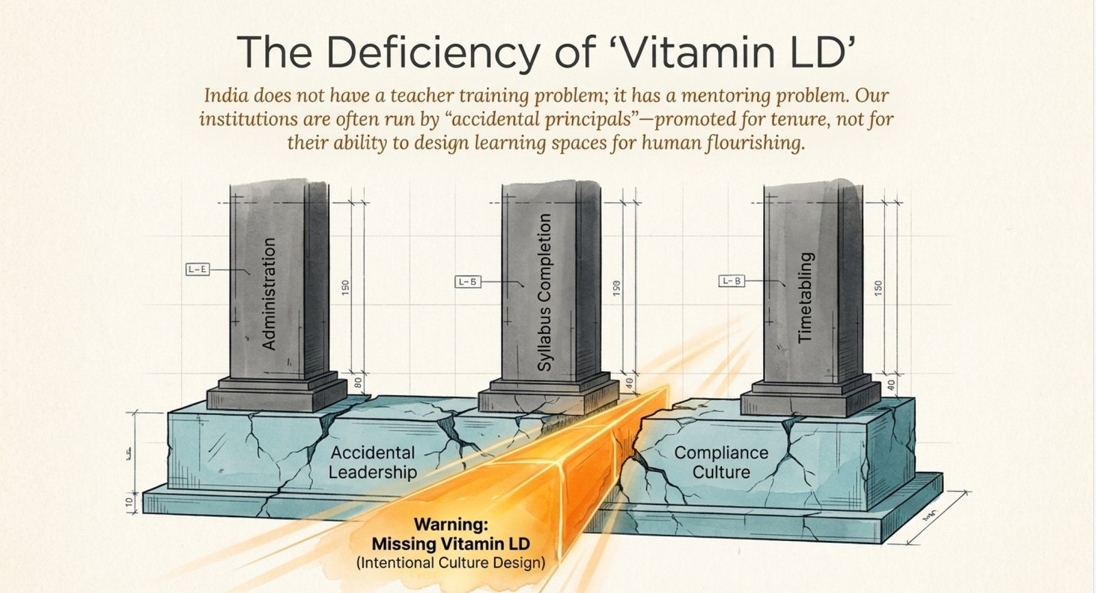 Three cracked pillars labelled Administration, Syllabus Completion and Timetabling stand on fracturing foundations marked Accidental Leadership and Compliance Culture, with a warning beam reading: Missing Vitamin LD (Intentional Culture Design).