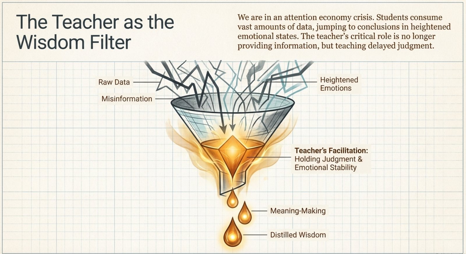 A funnel labelled The Teacher as the Wisdom Filter: raw data, misinformation and heightened emotions pour in; the teacher's facilitation, holding judgment and emotional stability, distils it into meaning-making and wisdom.