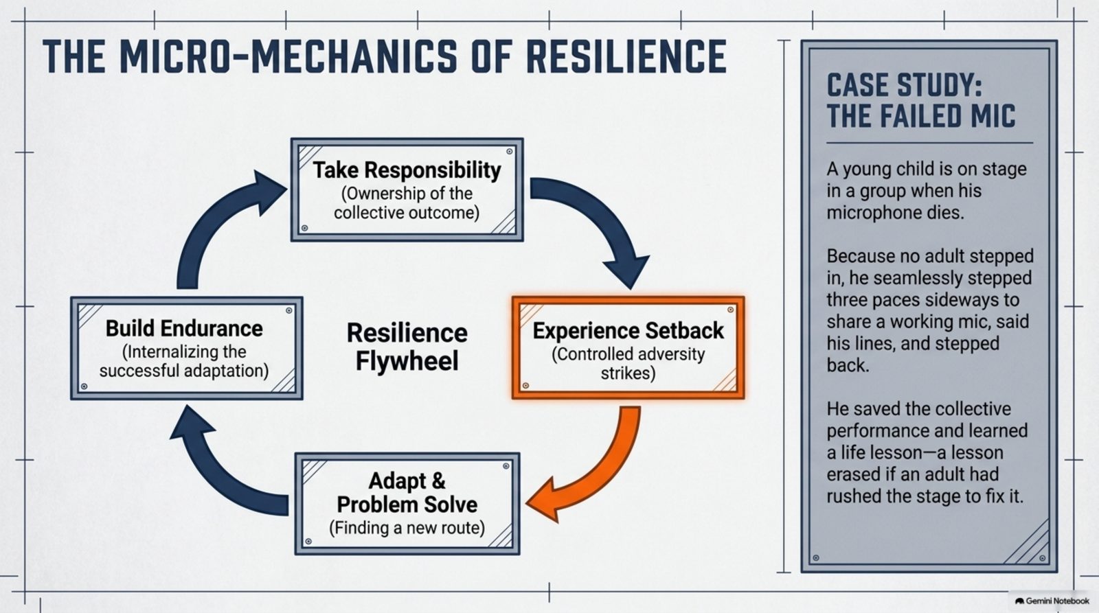 The micro-mechanics of resilience: the resilience flywheel, with a case study of the failed microphone